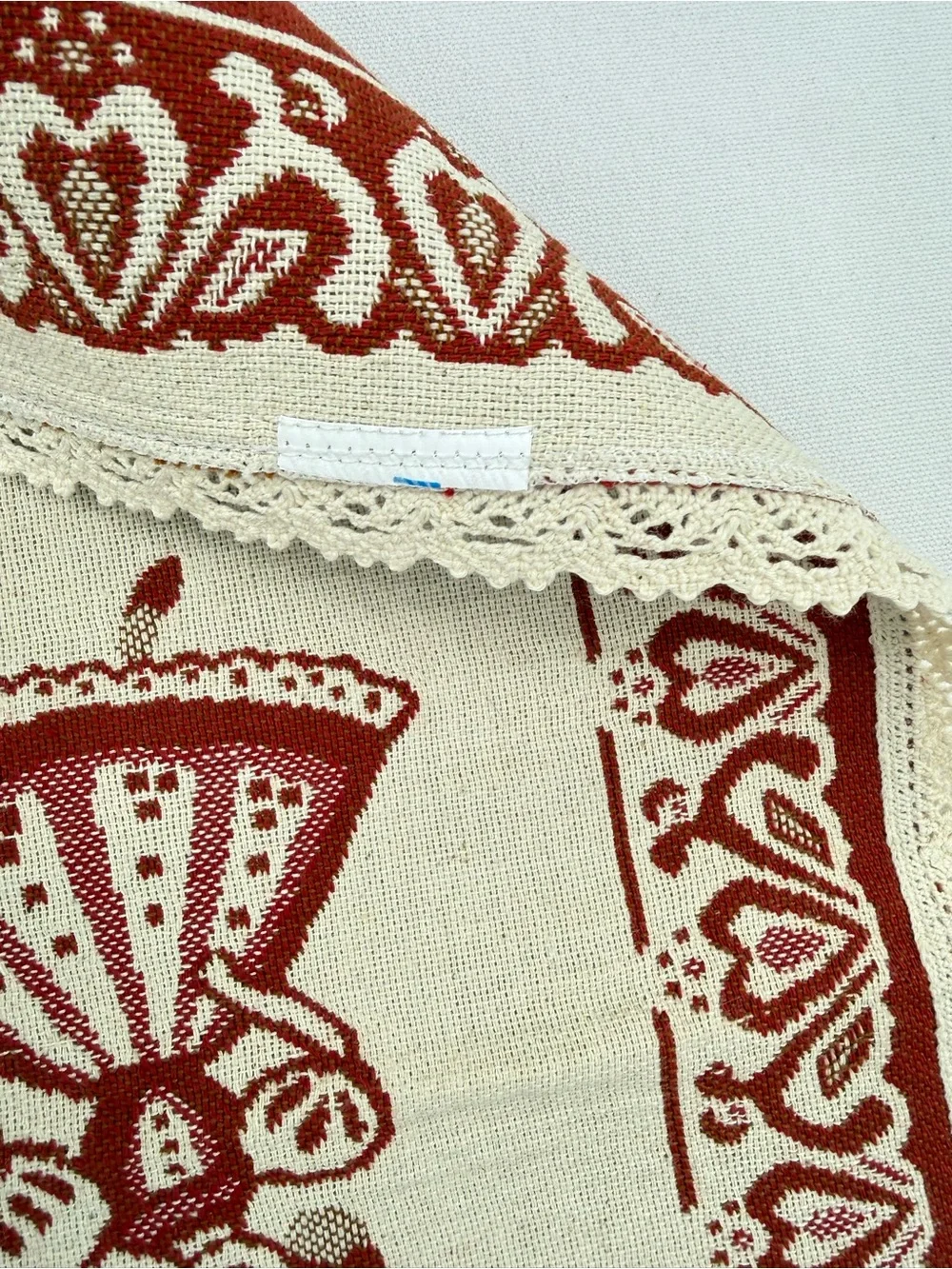 Vintage European Folk Art Table Runner Red Cream Lace Trim Cottage Decor